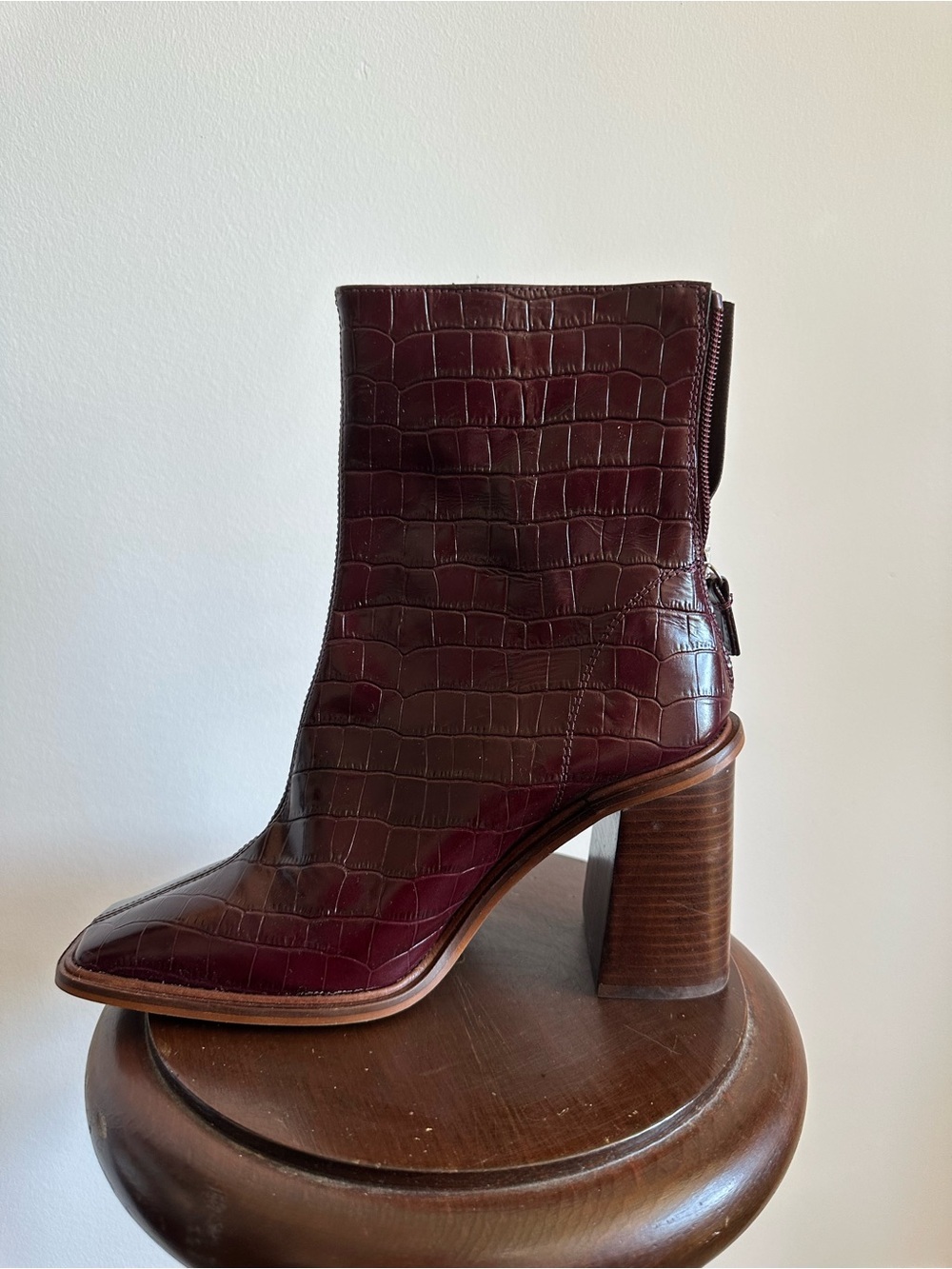 Topshop Croc-Embossed Burgundy Leather Block Heel Ankle Boot